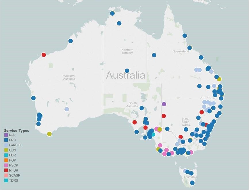 map of australia with each service outlet mapped, colour coded by service type. service outlets are clustered on the east cost, and the most common service outlet type are family relationship centres.