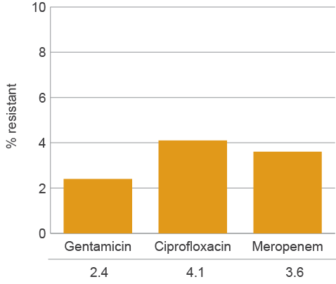 resistance to gentamicin (2.4%), ciprofloxacin (4.1%) and meropenem (3.6%)