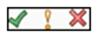 3 colored symbols. one green check mark, one yellow exclamation point, one red x