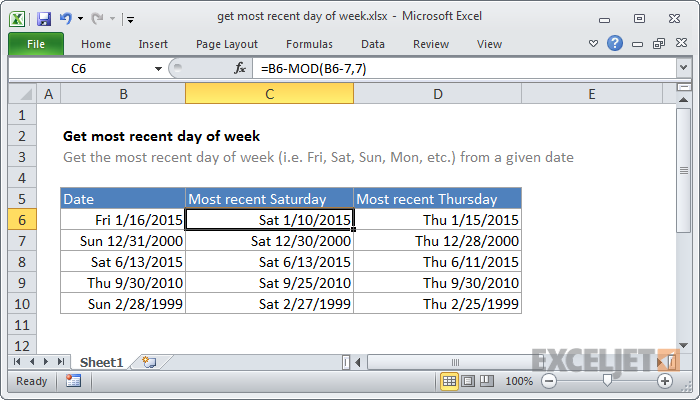 excel formula: get most recent day of week