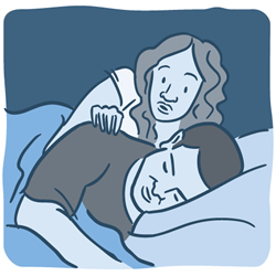illustration of a women waking her partner in bed. 