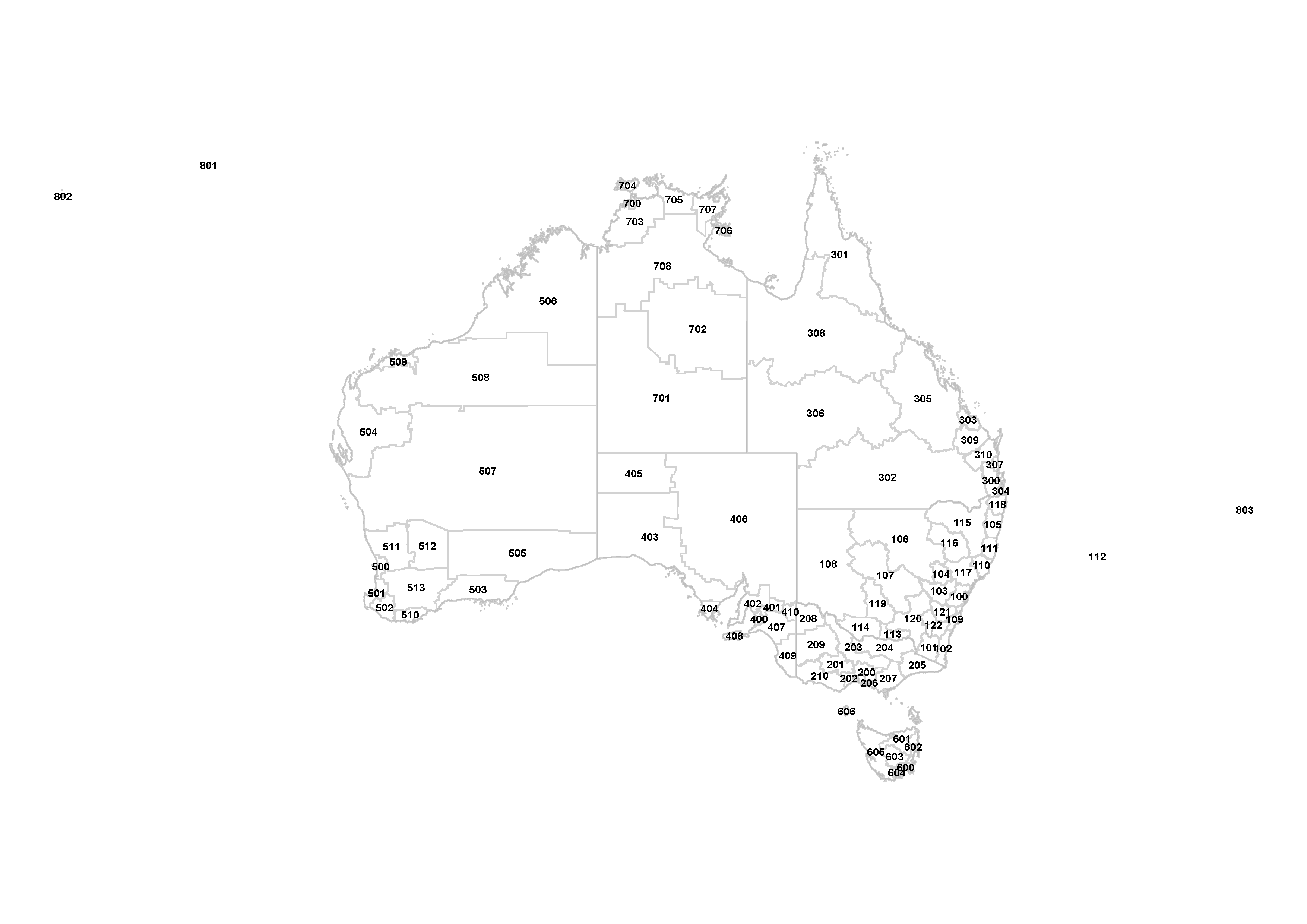 the figure is a map of australia that outlines the boundaries of the functional economic regions and shows the region\'s id number used by the commission.